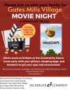 A red flyer with an open movie marker that contains popcorn and a picture of the MINECRAFT movie flyer witha a boxy bee flying