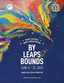 night blue background with stars and ribbons of red, yellow, light blue, green, purple dancing in the sky to a focal point star. The Words Encore-Gates Mills Music & Ideas Festival, By Leaps and Bounds printed unerneath