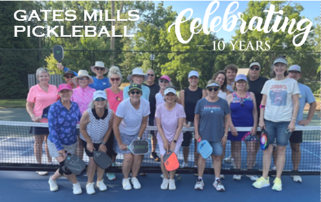 Pickleball players with text Gates Mills pickleball and celebrating pickleball written in white