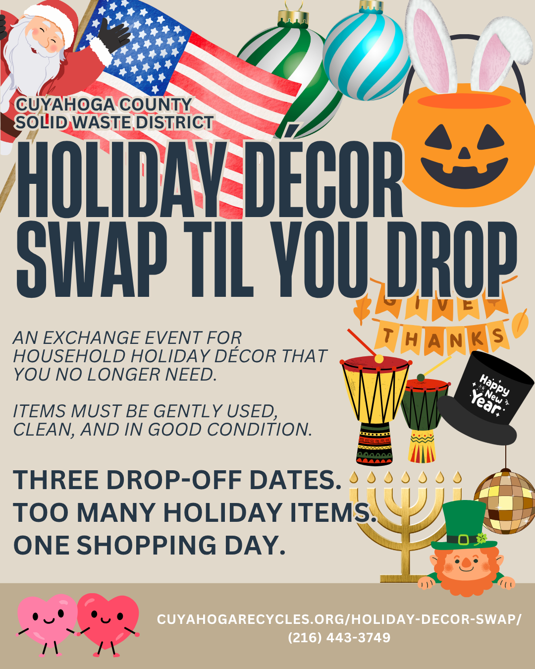 A flyer displaying "Holiday Swap Till You Drop" and pictures of various holiday decor