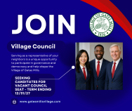 a blue background square with an Asian Woman, a black man and older white man all smiling, wearing a blue suit, red tie and white. the words, "Join Village Council" are displayed in bold.