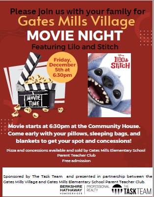 A red background advertising Gates Mills Village Movie Night depicting an open film marker on the left and the cover of the "Lilo & Stitch" movie