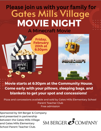 A red flyer with an open movie marker that contains popcorn and a picture of the MINECRAFT movie flyer witha a boxy bee flying