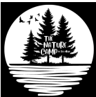 a black square with a large round white moon-like circle with three varying sized fir trees clumped in the center and 5 flying birds passing by. The words The Nature Camp in white in the center of the trees.