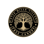 dark grey circular logo with a gold colored rooted tree in the center and the words Gates Mills Village Tree Canopy written in gold surrounding the tree