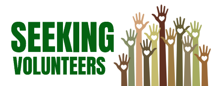 Green letters spelling "Seeking volunteers" and several differend colored raised hands with with hearts on each palm