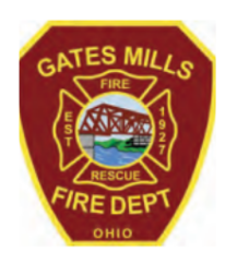Gates Mills Fire Department patch, red and yellow established in 1927 along with a bridge over water in the center of patch