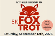 Red fox with 5k fox trot written in red letters along with Saturday September 12, 2026 on a beige background