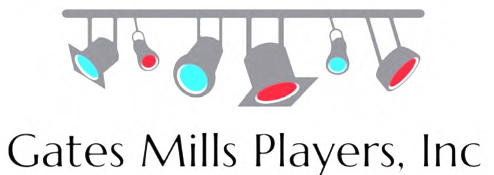 Red and blue stage lights hangin from a bar and the words Gates Mills Players, Inc below
