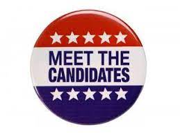 a round campain button, top third is red, middle third is white, and bottom third is blue. White stars go across the red and blue sections. The words "Meet the Candidates in blue letters on the white section".