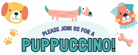 cartoon drawings of three puppies, with the word "puppuccion" in blue underneath. two yellow paw prints and a yellow bone are next to the words