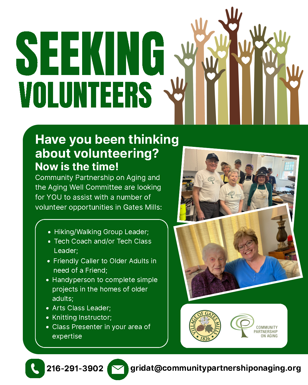  a flyer with several different colored arms and hands raised up and the workds seeking volunteers in green 