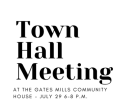 a white box with the words Town Hall Meeting at the gates mills community house written in black letters.