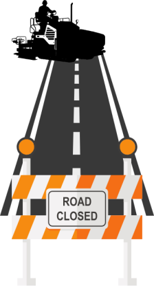 Orange and white barracade with a "road closed" sign in front of a black road. and construction paver truck on the road.