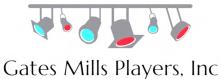 Red and blue stage lights hangin from a bar and the words Gates Mills Players, Inc below