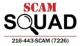 a whit rectangle with red letters spelling SCAM and black letters spelling SQUAD where the q is replaced with a magnifying glass