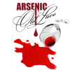 spilled glass of wine with a blood droplet and the words Arsenic and Old Lace