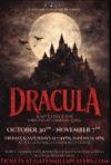 a nightime scene of a a spooky castle on a hill. a full moon hovers in the background while several bats fly in the sky. the word Dracula appears in red at the bottom.