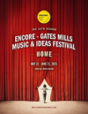 Red stage curtain with ENCORE -Gates Mills Music & Ideas Festival Home with dates May 31-June 21, 2026 on it written in white with a lady opening a curtain 