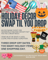 A flyer displaying "Holiday Swap Till You Drop" and pictures of various holiday decor