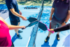 Pickleball Players holding multicolored paddles center court with word pickleball 