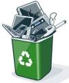 a green garbage can filled with electronic devices like a keyboard, computer, mouse, etc. and with the recycinling triangle on the cnter