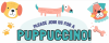 cartoon drawings of three puppies, with the word "puppuccion" in blue underneath. two yellow paw prints and a yellow bone are next to the words